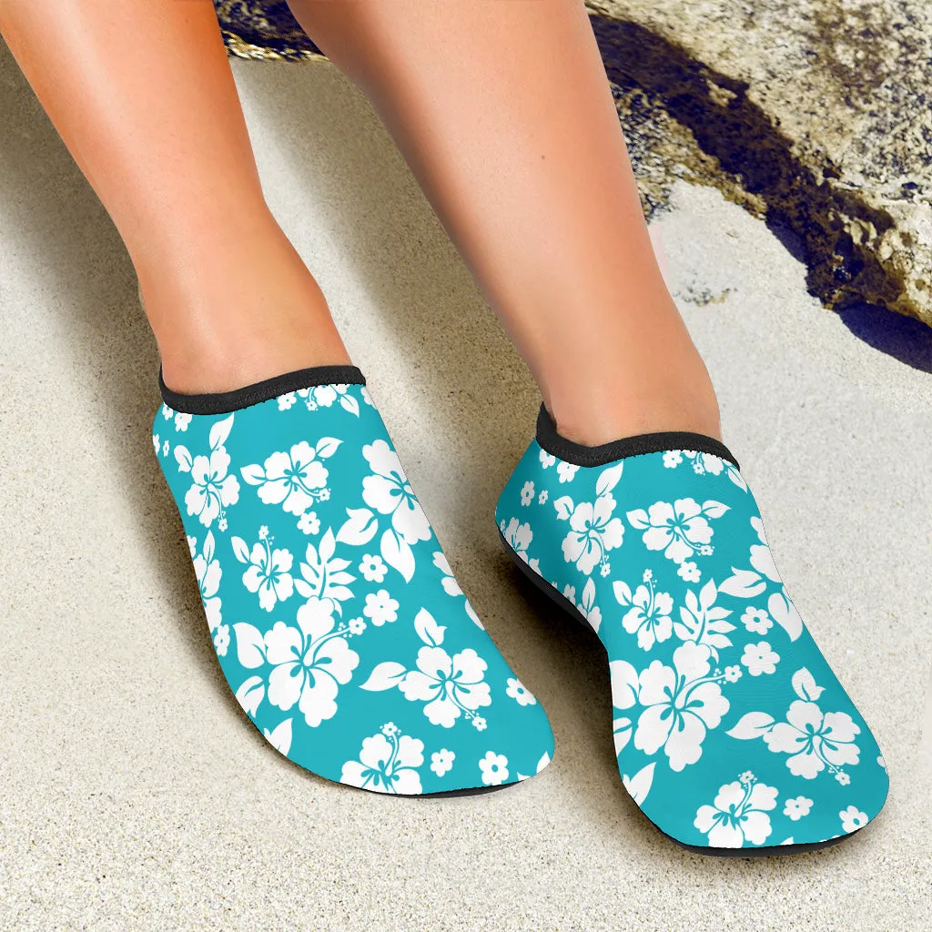 Teal and White Hibiscus Hawaiian Pattern Water Shoes