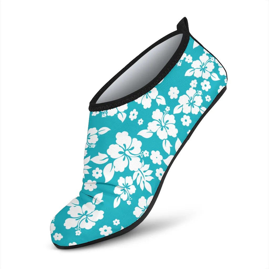 Teal and White Hibiscus Hawaiian Pattern Water Shoes