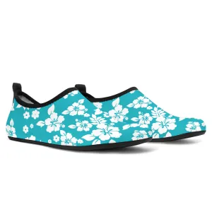 Teal and White Hibiscus Hawaiian Pattern Water Shoes