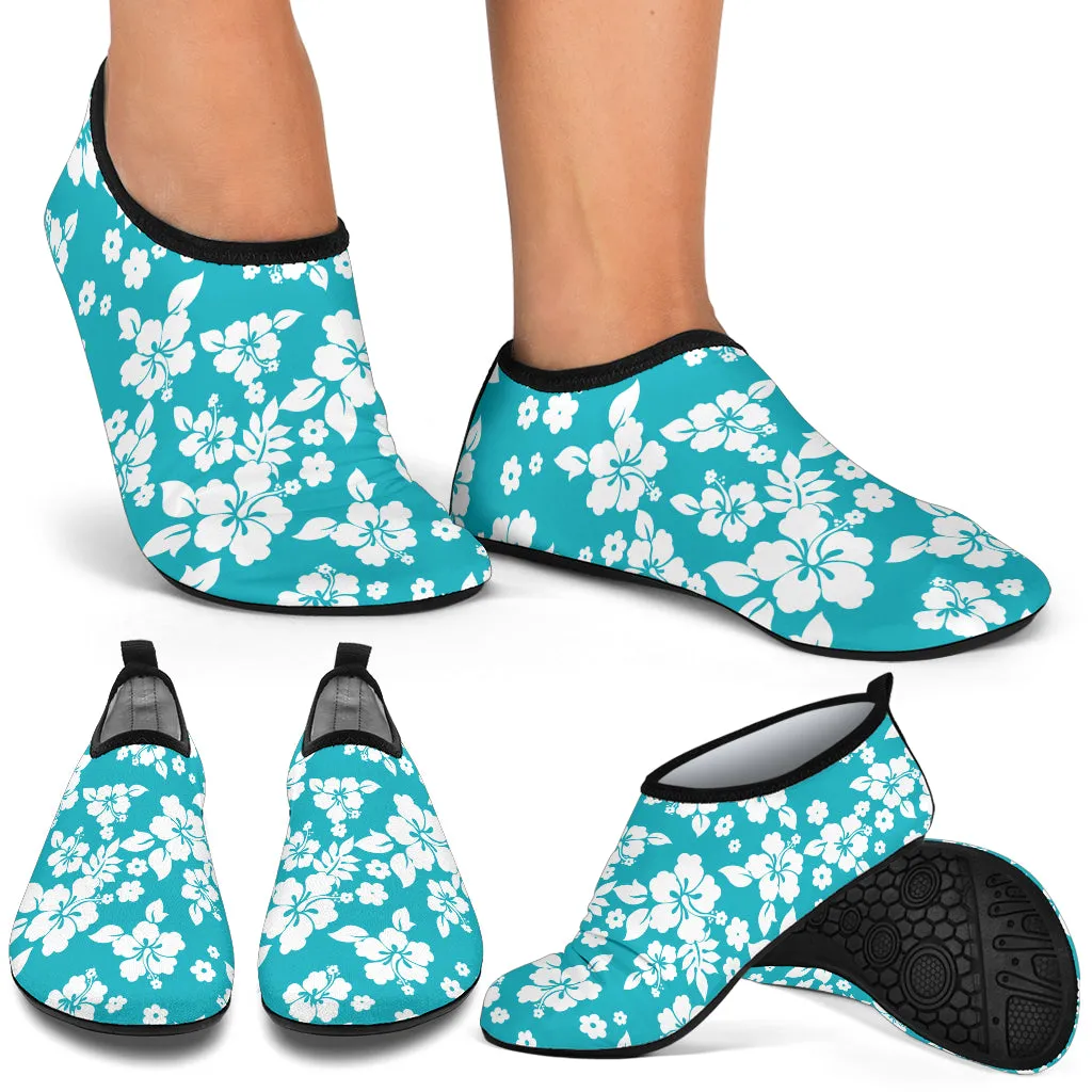 Teal and White Hibiscus Hawaiian Pattern Water Shoes