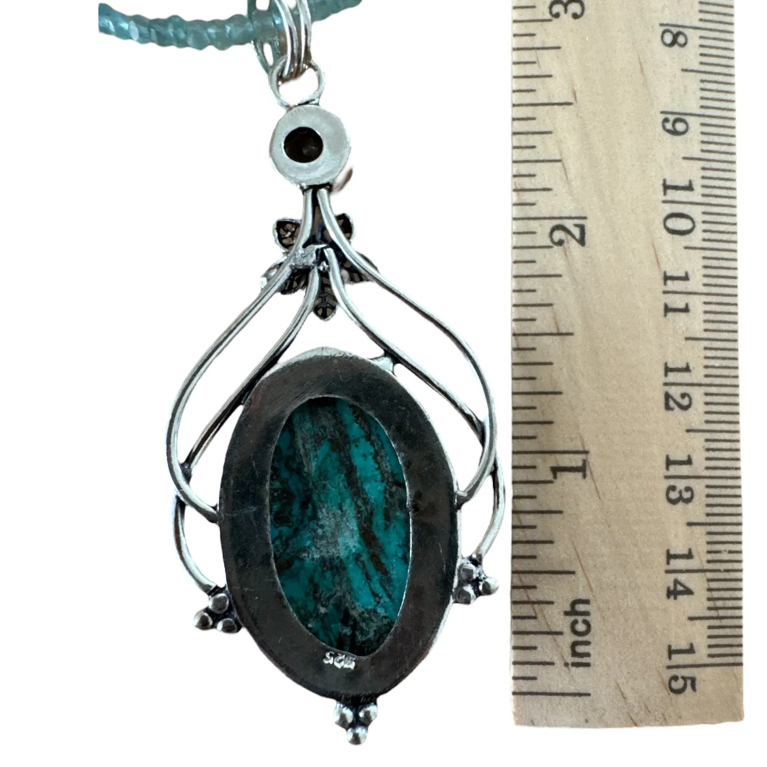 Tibetan Turquoise & Aquamarine Solid 925 Sterling Silver Pendant Necklace