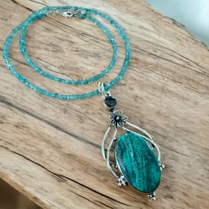 Tibetan Turquoise & Aquamarine Solid 925 Sterling Silver Pendant Necklace