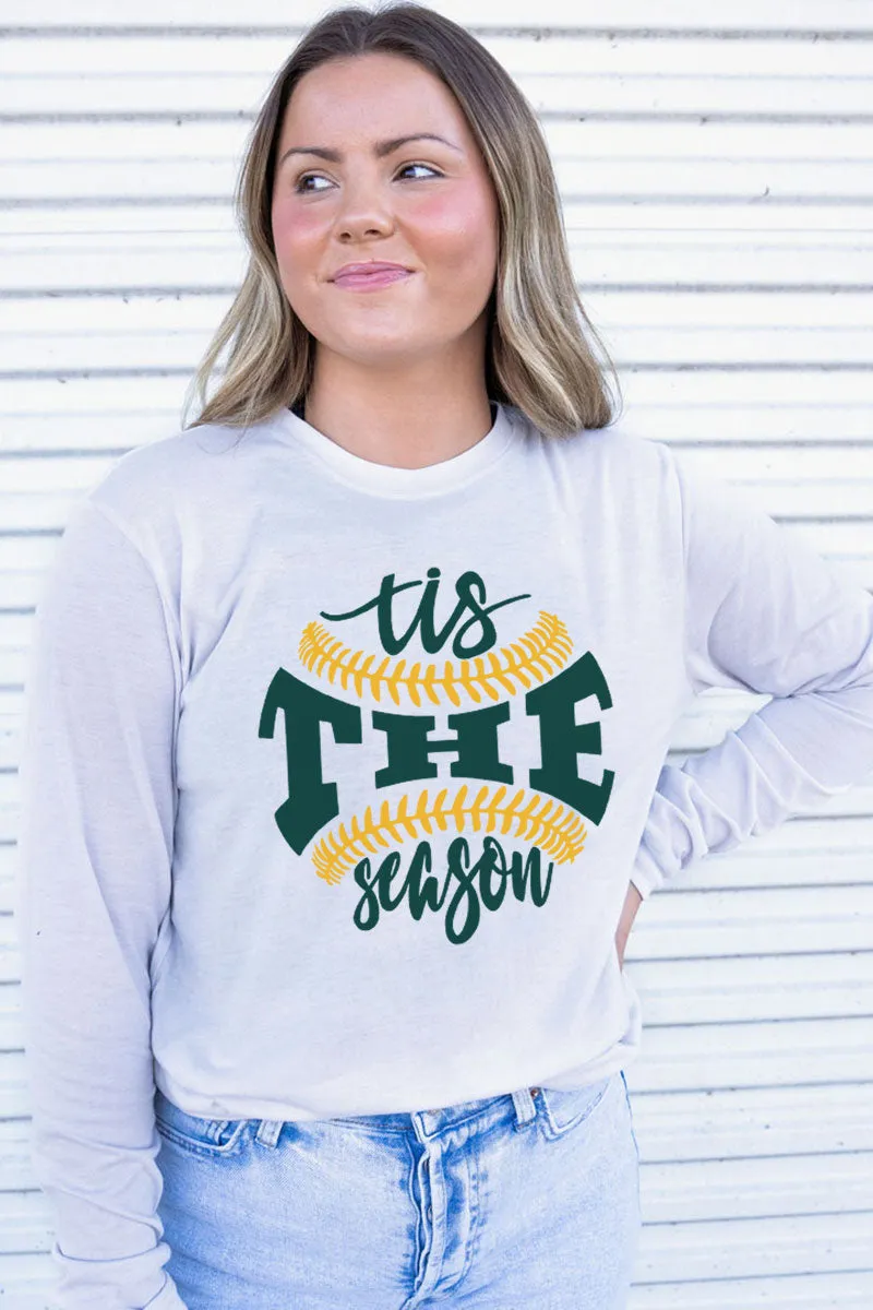 Tis The Season Baseball Green and Gold Adult Soft-Tek Blend Long Sleeve Tee
