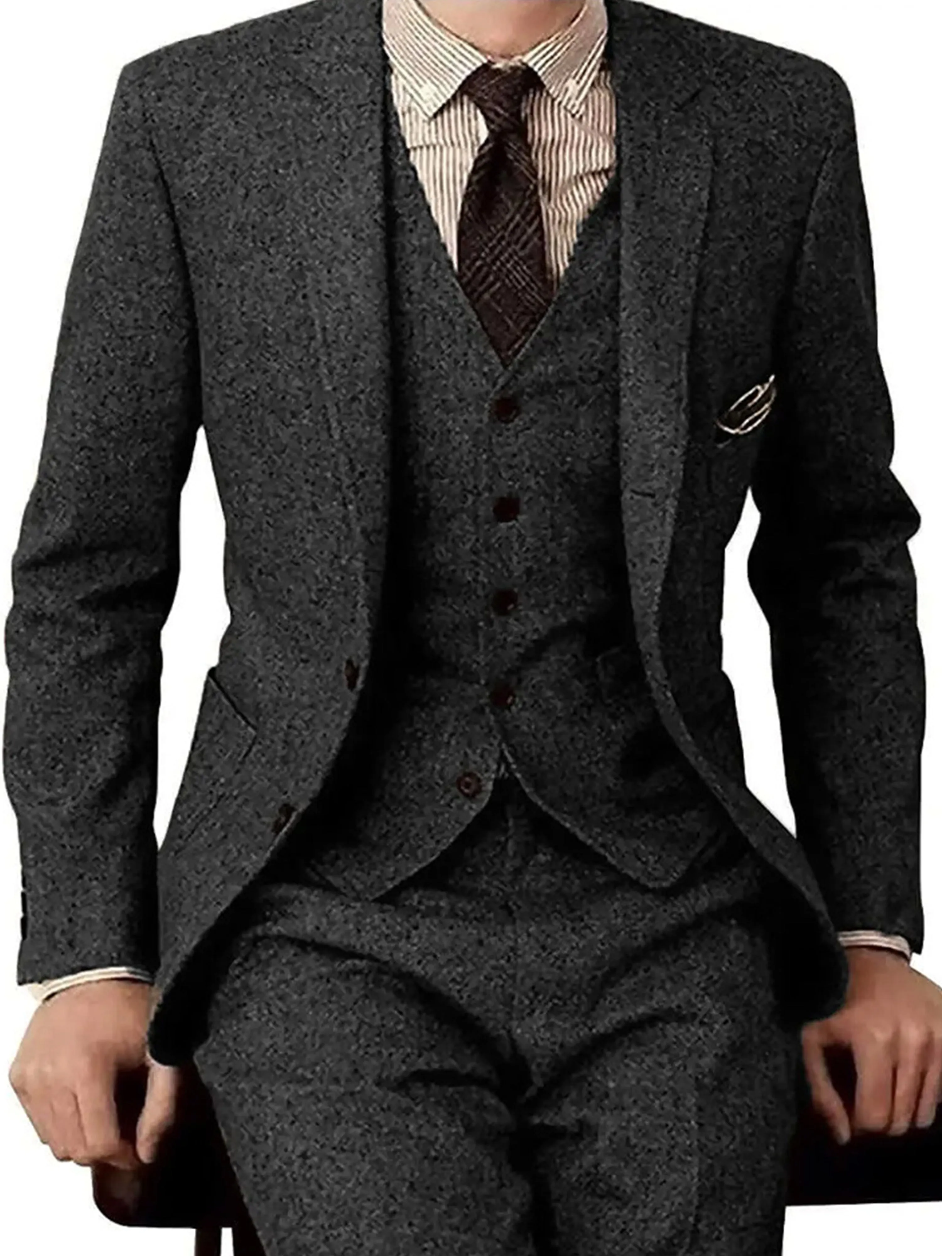 Trendy Men's Suit Tweed 3 Pieces Business Casual Suit
