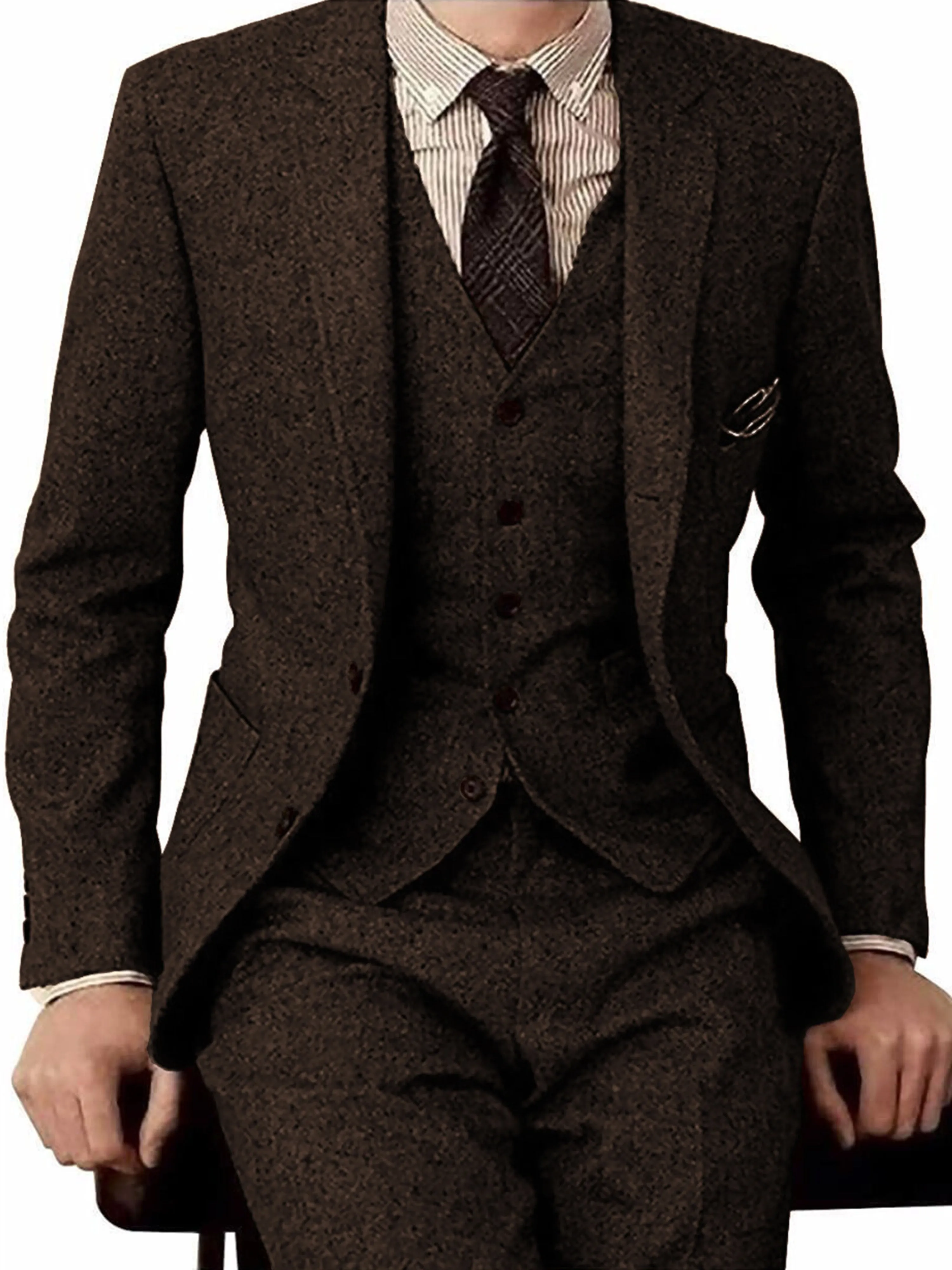 Trendy Men's Suit Tweed 3 Pieces Business Casual Suit