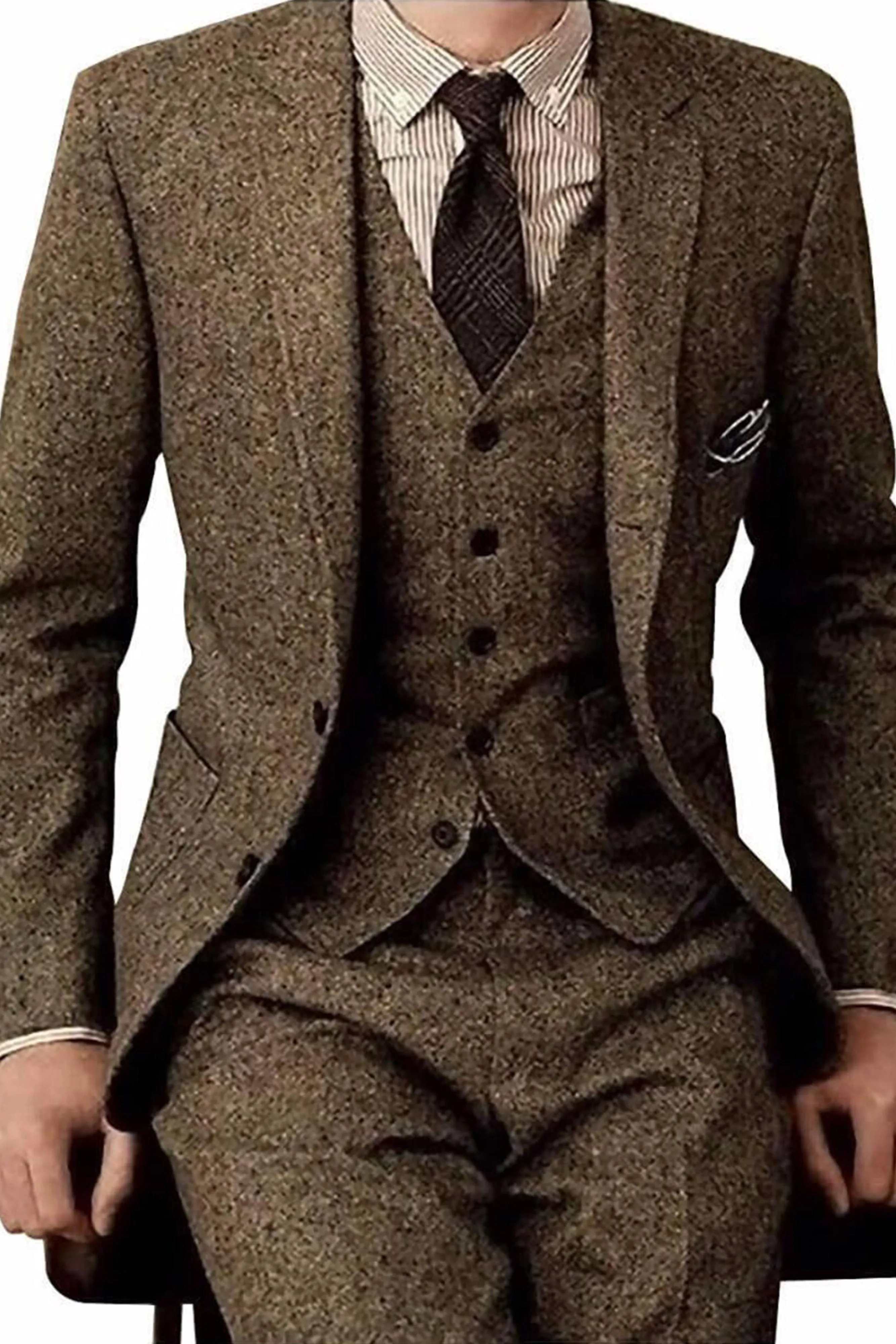 Trendy Men's Suit Tweed 3 Pieces Business Casual Suit