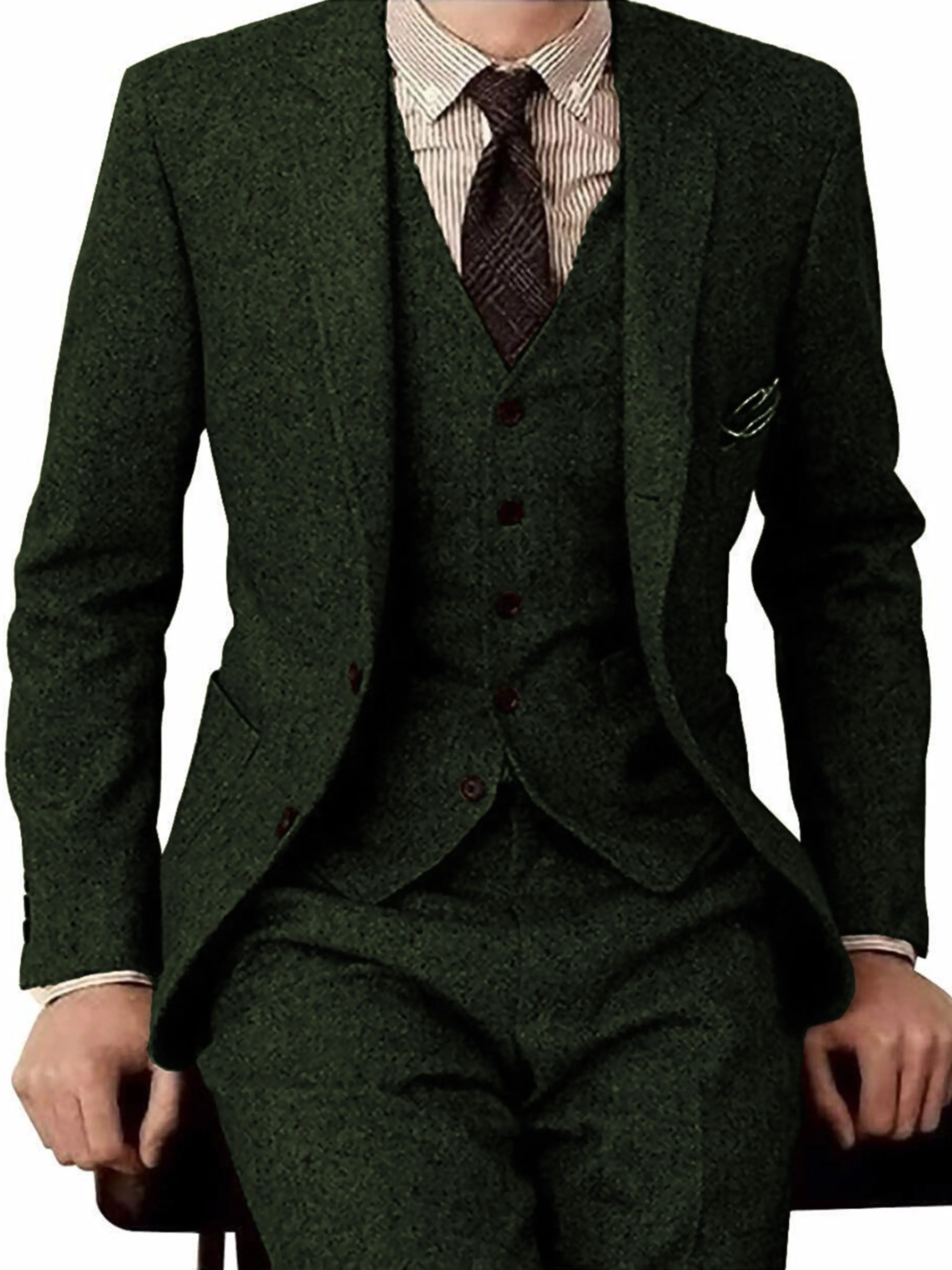 Trendy Men's Suit Tweed 3 Pieces Business Casual Suit