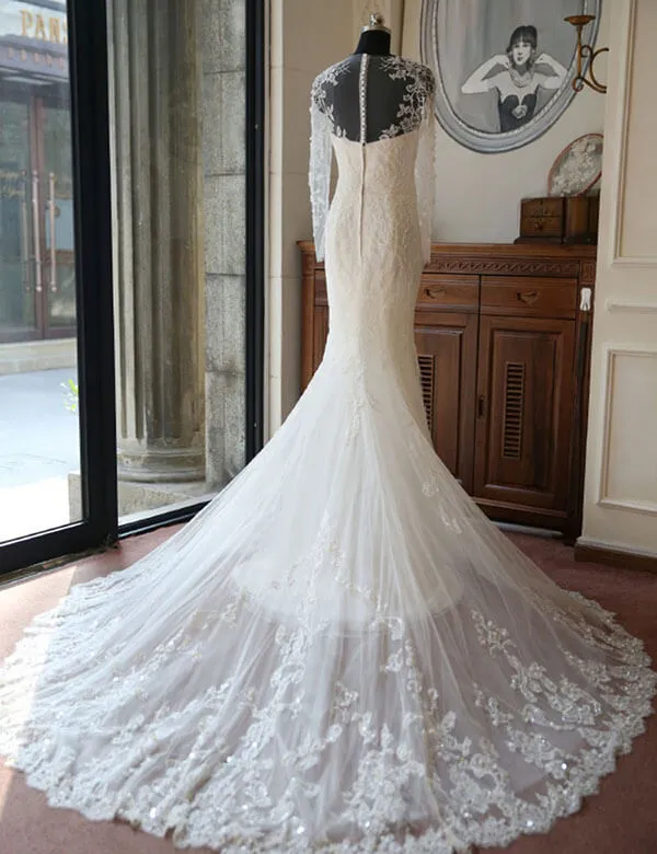 Tulle Mermaid Scoop Neck Chapel Train Beaded Long Sleeve Wedding Dress, SW178