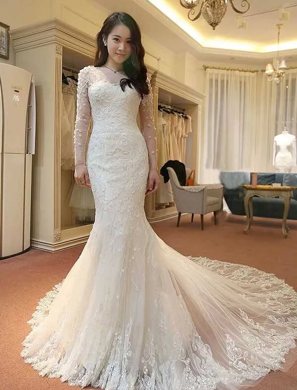 Tulle Mermaid Scoop Neck Chapel Train Beaded Long Sleeve Wedding Dress, SW178
