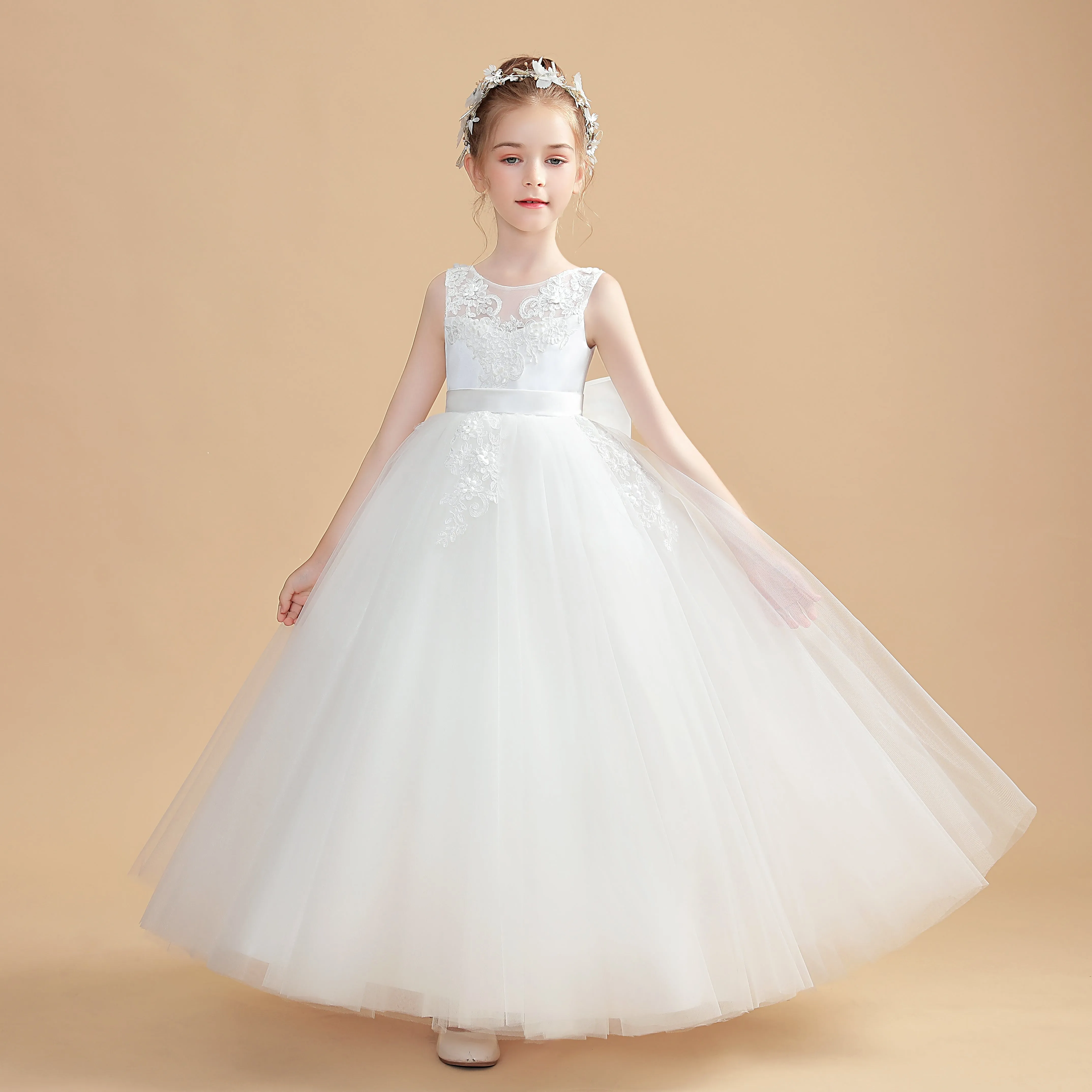 Tulle Sleeveless Ivory Flower Girl Dresses With Bowknot
