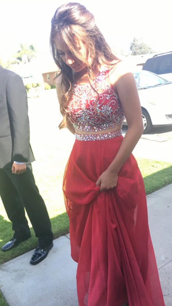 Two Pieces Red Chiffon Prom Dresses with Beading,Off Shoulder Prom Gowns,Evening Dresses, M54