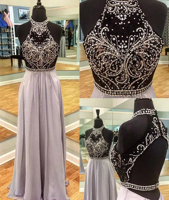 Unique high neck sequin long prom dress, sequin evening dress