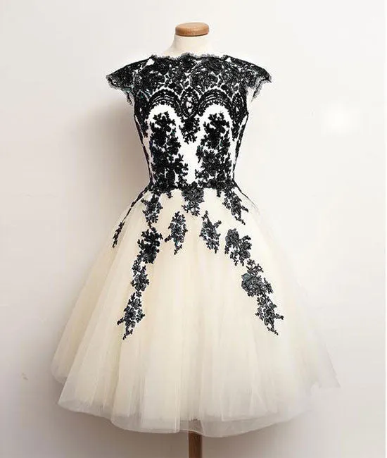 Unique lace tulle short prom dress, lace bridesmaid dress