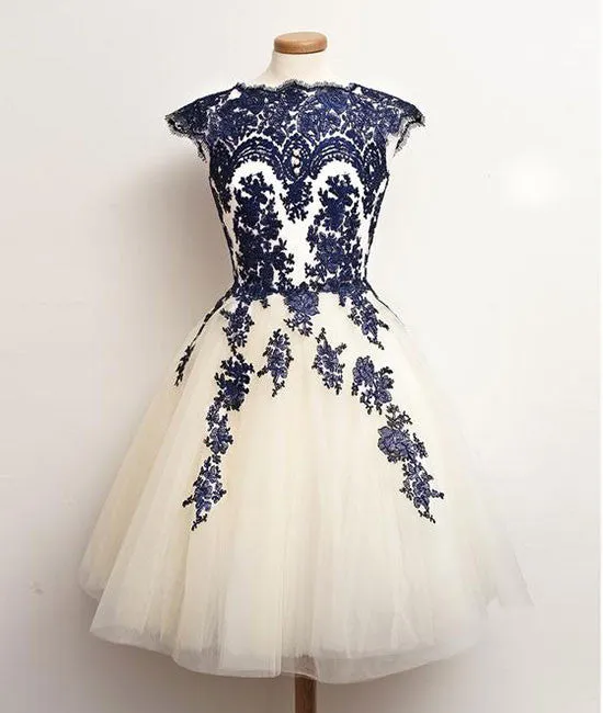 Unique lace tulle short prom dress, lace bridesmaid dress
