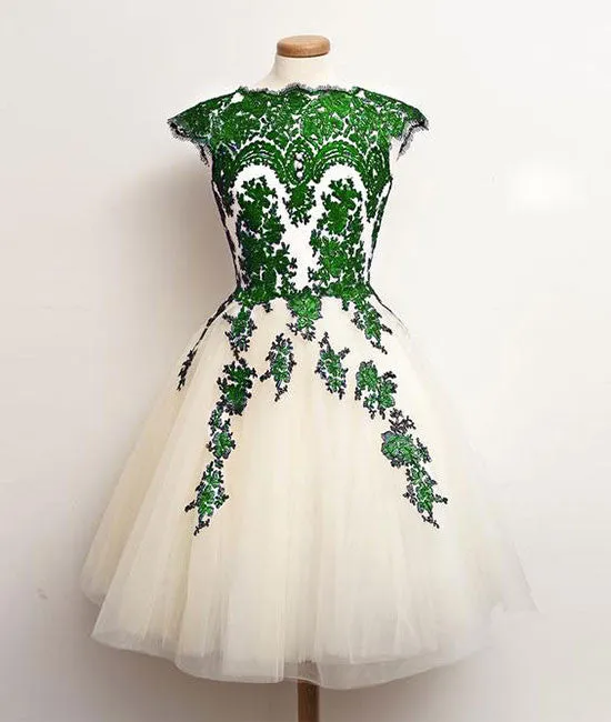 Unique lace tulle short prom dress, lace bridesmaid dress