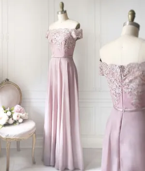 unique off shoulder chiffon lace long prom dress, lace evening dress