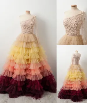Unique one shoulder tulle beads long prom dress, evening dress