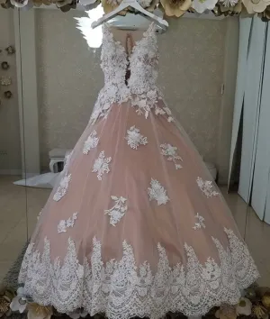 Unique tulle lace applique pink long prom dress, sweet 16 dress