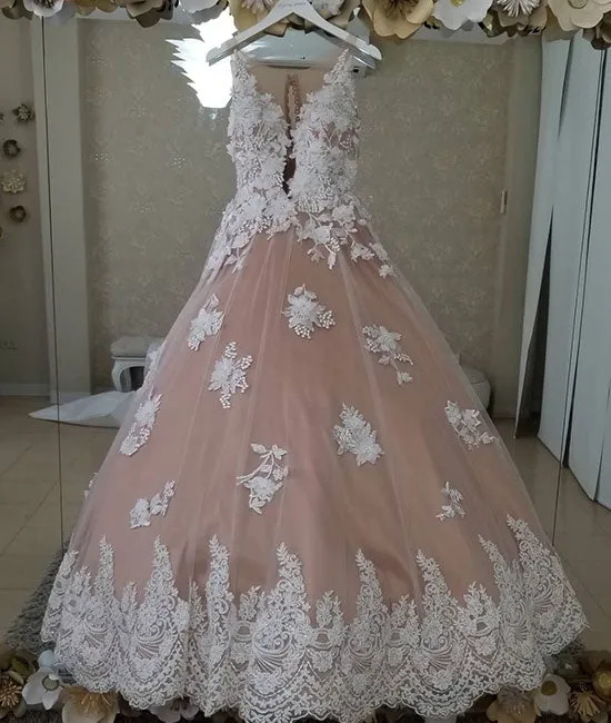 Unique tulle lace applique pink long prom dress, sweet 16 dress