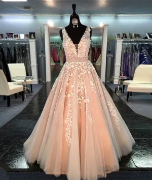 Unique v neck tulle lace long prom dress for teens, formal dress