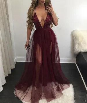 Unique v neck tulle long prom dress for teens, formal dress