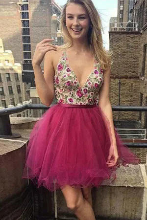 V Neck Embroidery Backless Homecoming Dresses Short Prom Dress APH0234