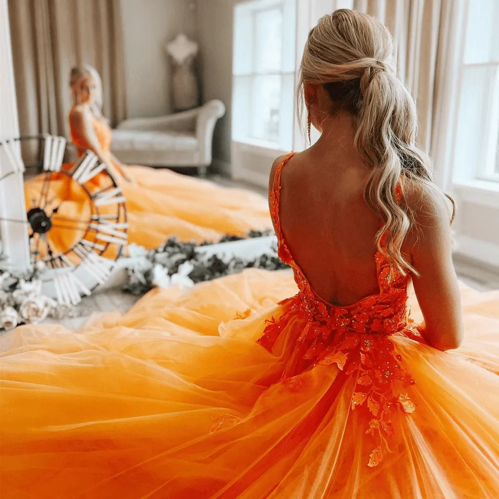 V Neck Open Back Orange Tulle Lace Long Prom Dress Orange Formal Dress  TP1119