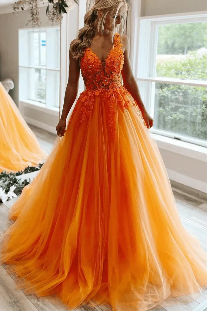 V Neck Open Back Orange Tulle Lace Long Prom Dress Orange Formal Dress  TP1119