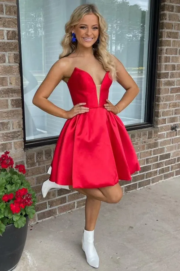 V Neck Red Satin Prom Dress, V Neck Short Red Homecoming Dress APH0216