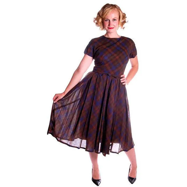Vintage Blue/Brown Plaid Dress & Jacket Jane Derby 1950s 36-28-Free