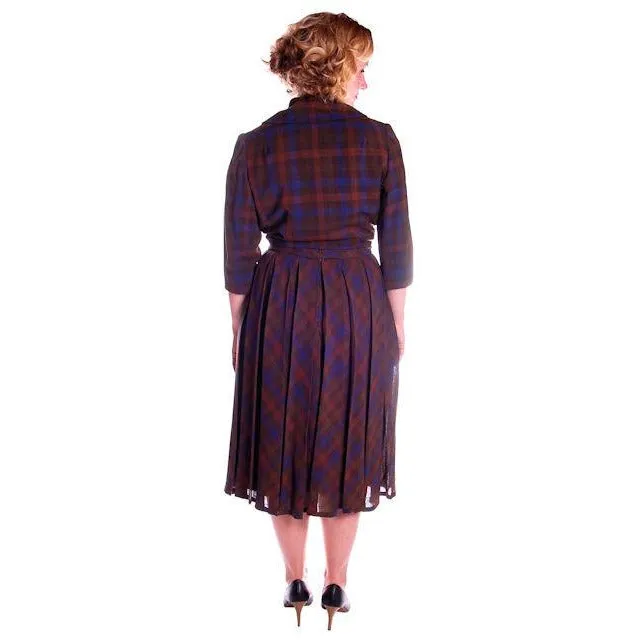 Vintage Blue/Brown Plaid Dress & Jacket Jane Derby 1950s 36-28-Free
