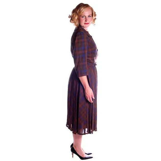 Vintage Blue/Brown Plaid Dress & Jacket Jane Derby 1950s 36-28-Free