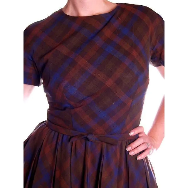Vintage Blue/Brown Plaid Dress & Jacket Jane Derby 1950s 36-28-Free