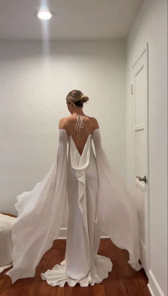 Wedding Dresses Soft Satin Long Floor Length Open Back Simple Bridal Gown With Detachable Flare Sleeves       fg6409