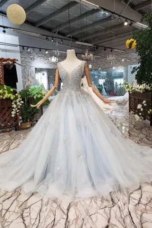 Wedding Dresses V Neck Lace Up Back Beads Prom Dress Tulle TN140