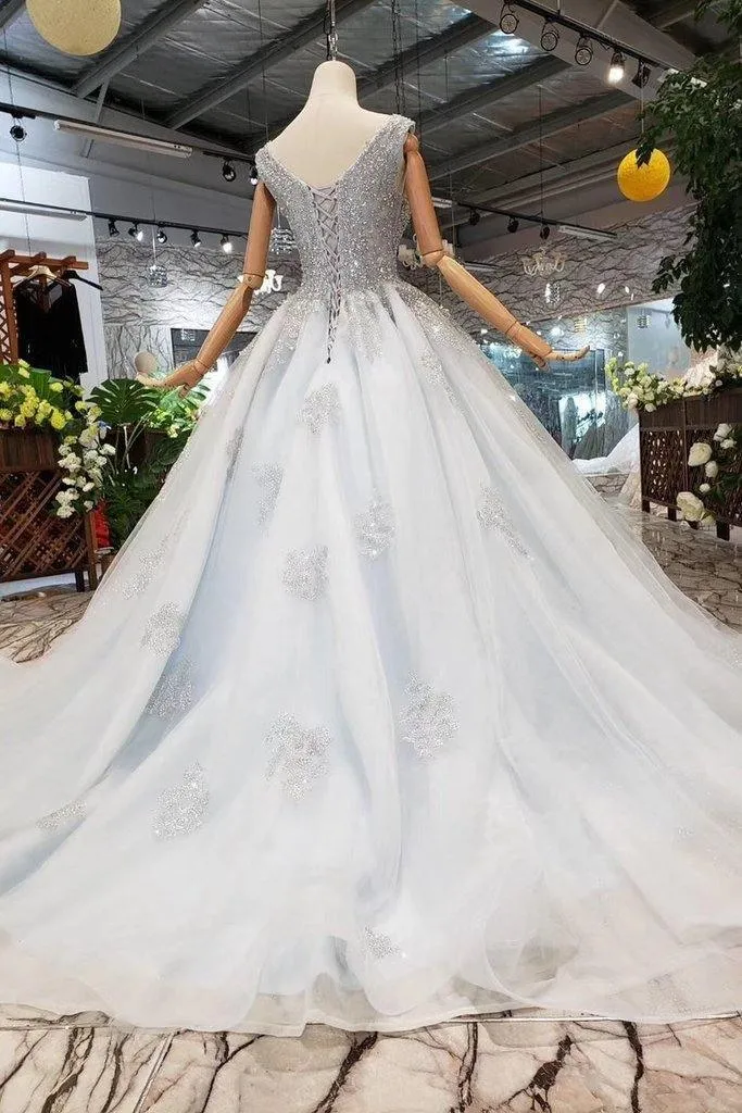 Wedding Dresses V Neck Lace Up Back Beads Prom Dress Tulle TN140