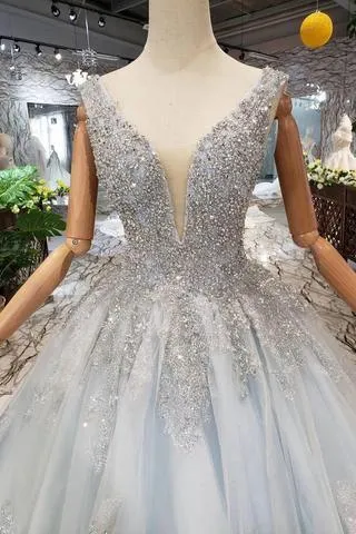 Wedding Dresses V Neck Lace Up Back Beads Prom Dress Tulle TN140