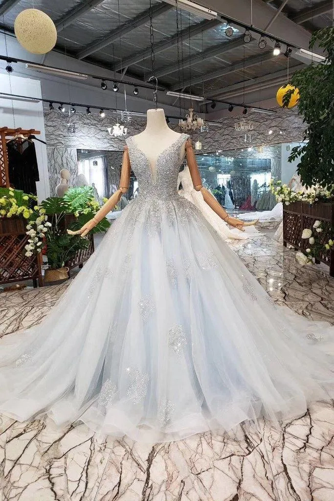Wedding Dresses V Neck Lace Up Back Beads Prom Dress Tulle TN140