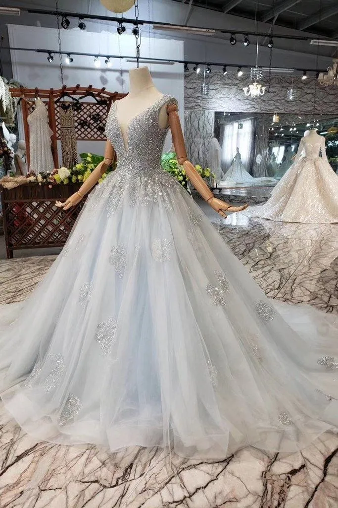 Wedding Dresses V Neck Lace Up Back Beads Prom Dress Tulle TN140