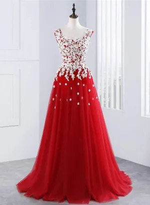 White and Red Tulle Long Formal Gowns, Red Party Dresses, Red Prom Dresses