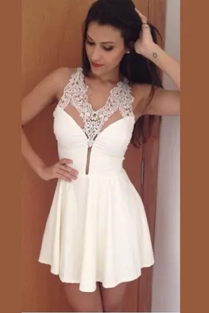 White Lace Appliques Halter Short Prom Dress,Strapless Sheer Cheap Homecoming Dress SH189