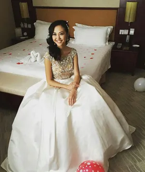 White round neck beads long prom gown, white evening dress