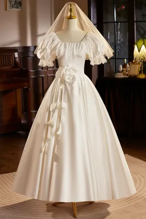 White Satin Tea Length Prom Dress with Lace, ALine Evening Party Dress APP0887