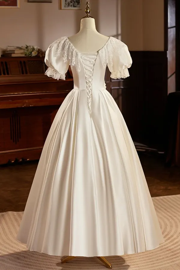 White Satin Tea Length Prom Dress with Lace, ALine Evening Party Dress APP0887