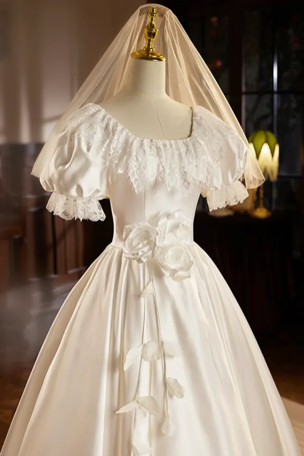 White Satin Tea Length Prom Dress with Lace, ALine Evening Party Dress APP0887