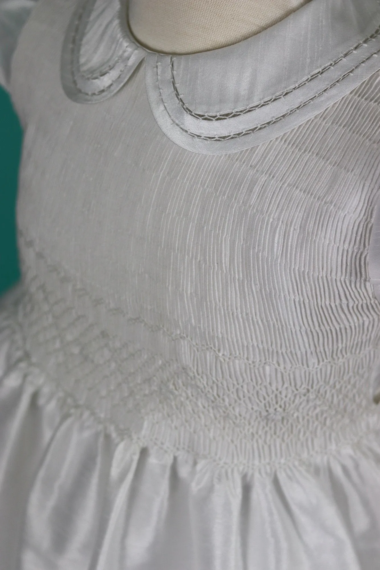 White Shantung Fabric, First Communion Dress, Hand Made, Smocked Dresses sizes 6 -12