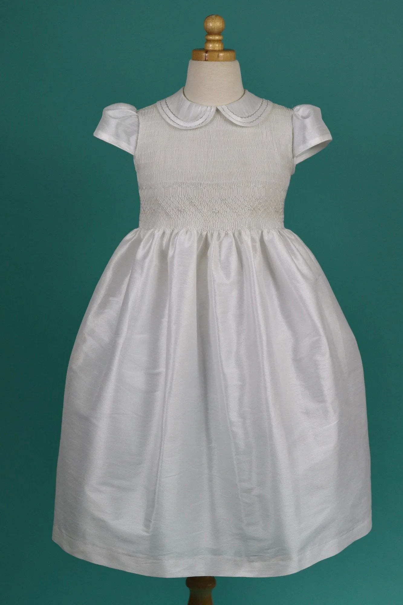 White Shantung Fabric, First Communion Dress, Hand Made, Smocked Dresses sizes 6 -12