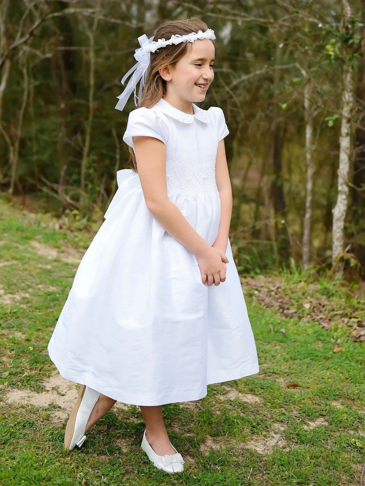 White Shantung Fabric, First Communion Dress, Hand Made, Smocked Dresses sizes 6 -12