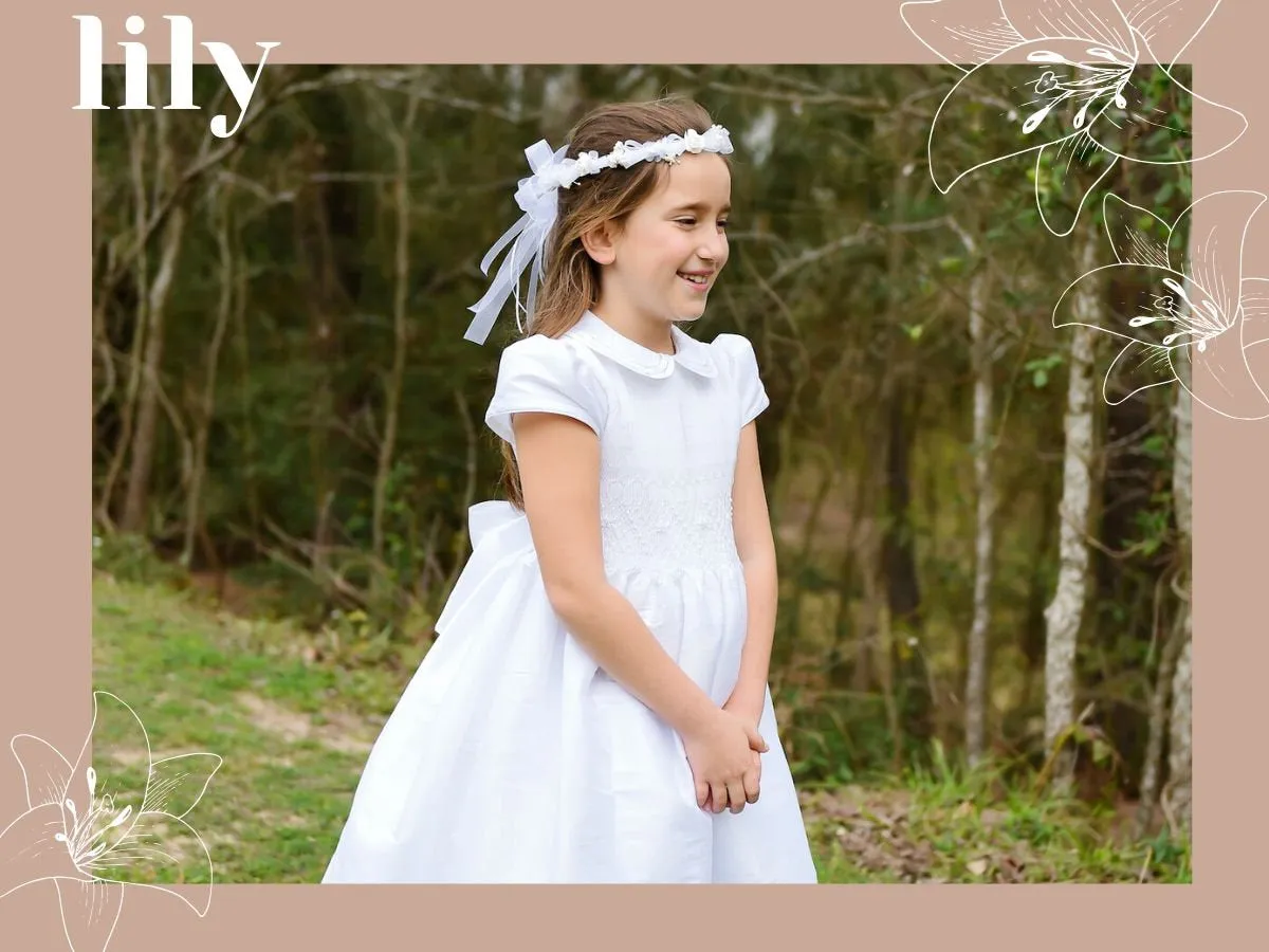 White Shantung Fabric, First Communion Dress, Hand Made, Smocked Dresses sizes 6 -12