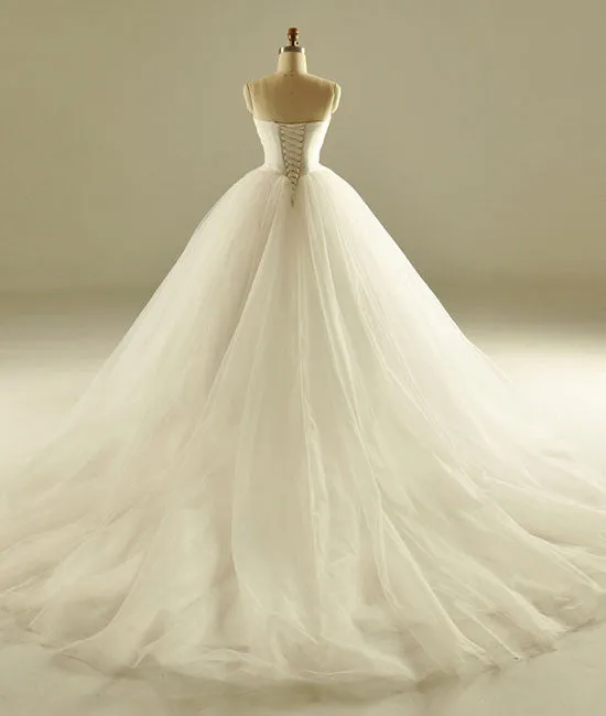White sweetheart neck tulle long wedding dress, bridal gown